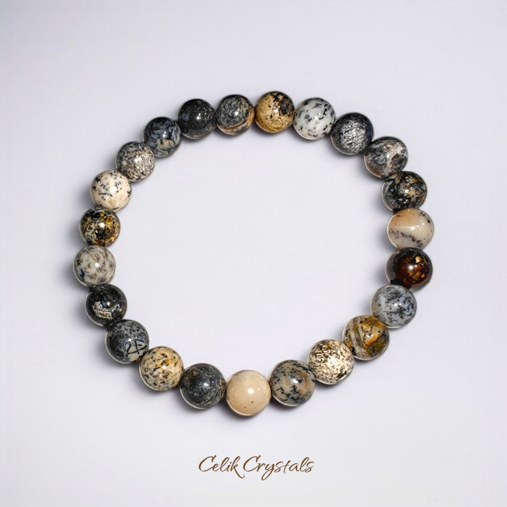 Dendritic Opal Bracelet Natural Stones 8mm Stretches Unisex